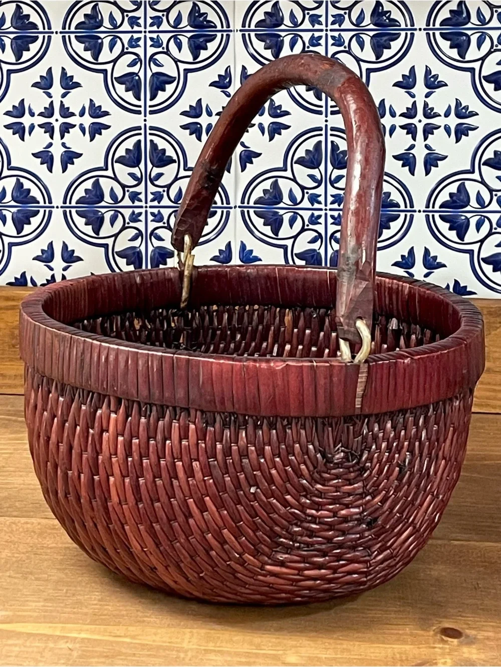 Vintage Chinese Lacquered Woven Harvest Basket Wooden Handle Asian Rustic Decor